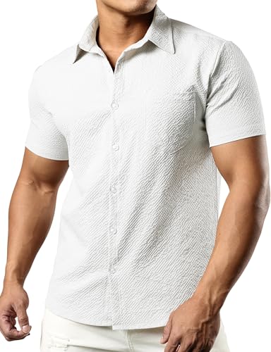 JOGAL Men's Button Down Shirts Short Sleeve Casual Shirts Textured Summer Beach Wedding Shirts3