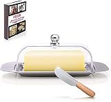 ALL GREEN Butter Dish with Lid and Knife Stainless Steel Metal Saucer with Unbreakable Clear Plastic