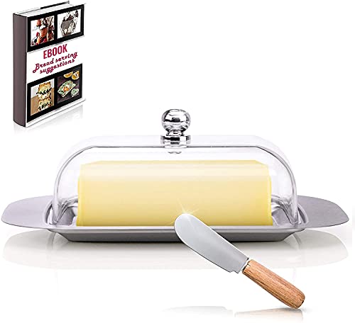 All Green Butter Dish With Lid And Knife Stainless Steel Metal Saucer With Unbreakable Clear Plastic Lid Covered Butter Dish Deluxe Butter Keeper Container & Spreading Knife(Clear+Salt+Pepper). #TOP5