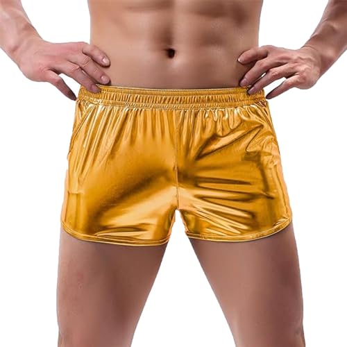 Image of HAOLEI Mens Summer Shorts UK Clearance Sparkling Sports Shorts Casual Lightweight Elasticated Waist Shorts Sexy Shiny Shorts with Pockets Trunks Swimsuits Hot Booty Shorts Party Clubwear Yellow