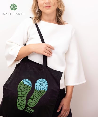 Salt Earth 100% Cotton Printed Black Canvas Tote Bag For Women and Men, Reusable Grocery Bags, Travel Bag, Utility Tote Bag For Women, College Bag, Shopping Bags with Aesthetic Prints (Tread Lightly)