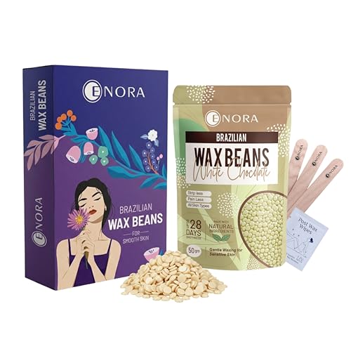 Image of ENORA Brazilian Stripless Wax Beans for Women (50g) | With Wooden Spatula | Natural | For Face, Chin, Hairline, Bikini Area & Full Body Hair Removal (50 Gram, White Chocolate)