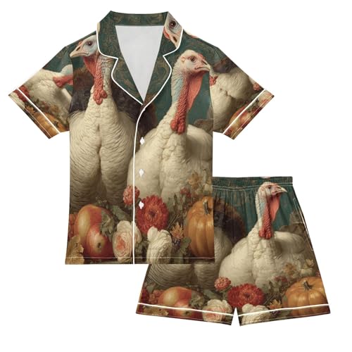 Satin Pajama Sets Short Sleeve Two Turkeys Thanksgiving Button Down Silky Nightwear 2 Piece PJS 5-14Y