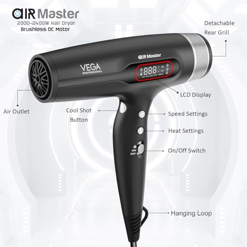 Image of VEGA PROFESSIONAL Airmaster 2400W BLDC Hair Dryer for Women & Men, Professional Blow Dryer with 70000 RPM Motor, 10X Longer Lifespan, 5 Preset & 7 Manual Modes, Fast Drying, 16 Amp Plug (VPPHD-14)