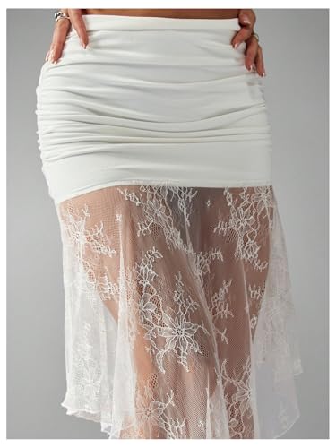 Verdusa Women's Sheer Floral Lace Ruffle Skirt Asymmetrical Flowy Ruched Bodycon Midi Skirts3