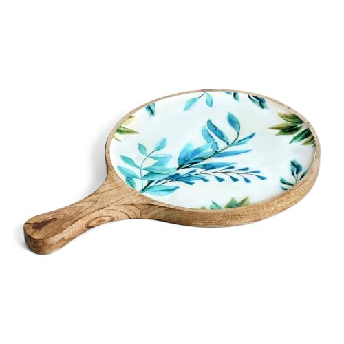 Image of SAAGA White and Aquamarine Mango Wood Pizza Serving Tray - Stylish Round Snack Plate (15x10 Inch) for Kitchen, Home, Cafes & Restaurants