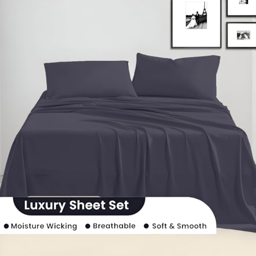 Image of SGI bedding Full XL Bed Sheets Set - Premium 600 TC Egyptian Cotton, Crisp Cooling Sateen Weave, Extra Soft Hotel Collection, Fits Mattresses Up to 16 Inch Deep, Breathable Long Lasting - Dark Grey
