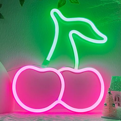 Image of HOHOSIGN Cherry Neon Sign Lights LED Lamp Cherry Decor Birthday Party Decorations, Pink Green Accessories for Women Fruit Gifts, USB /Battery Operated Neon Sign for Wall Decor Room Home Girls Bedroom