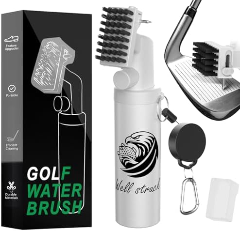 Pro Golf Club Cleaner - 4oz Water Bottle with Groove Cleaner and Retainer Clip, Durable Nylon Bristles for Easy Cleaning, Ergonomic Button Design, Golf Gifts for Men & Essential Accessories (White)