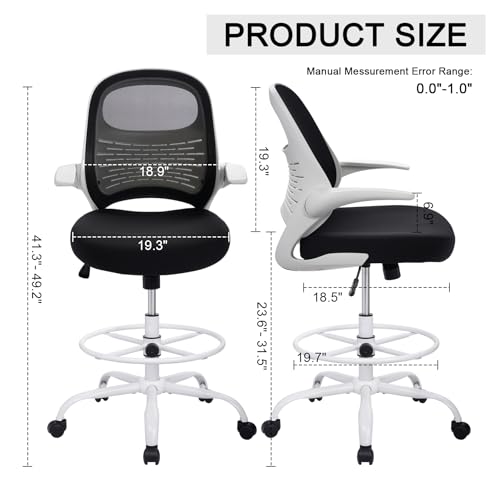 Image of HYLONE Tall Drafting Chair Standing Desk Chair with Flip-Up Armrests, Adjustable Height Ergonomic Office Chair with Footrest Ring - High Stool Chair for Standing Desk (Black Mesh&White Base)