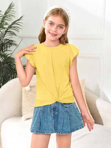 Haloumoning Girls T Shirts Ruffle Sleeve Twist Front Tshirts Summer Casual Crewneck Tees Tops 5-14 Years4