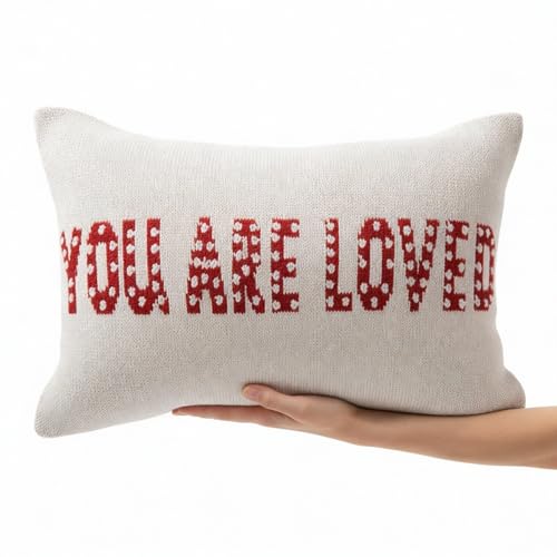 Image of haus & kinder You are Loved Knitted Cushion Cover | Decorative Lumbar Throw Pillow Cover for Sofa, Couch & Bedroom | Soft Aesthetic Home Decor Cushion Cover | Rectangular Cushion Cover | White & Red