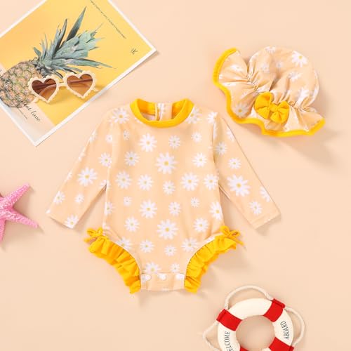 Infant Baby Swimsuit Girl Long Sleeve UPF 50+ Sun Protection One-Piece Rash Guard with Hat Zipper Bathing Suit2