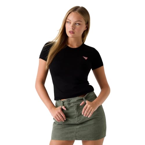 Guess Para Mujer. W2YI44J1314 Camiseta EláStica Con Logotipo TriáNgulo PequeñO Negro (M), Casual, AlgodóN, Manga Corta-image