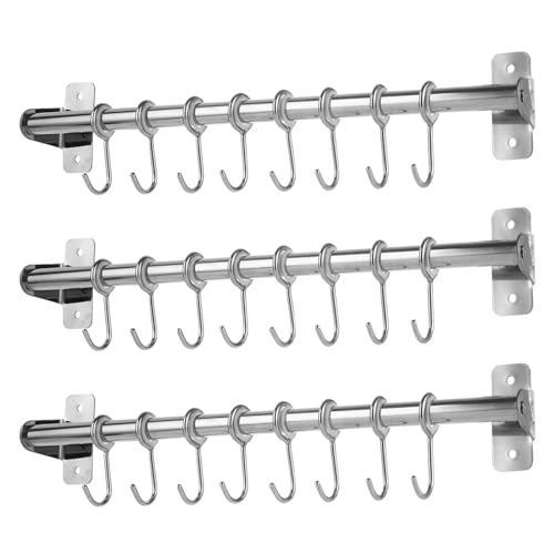 GBACHOOSE 3 estantes de acero inoxidable para utensilios de cocina, 40 cm con 8 ganchos móviles para colgar, riel de pared para sartén, tapa y cucharas de almacenamiento