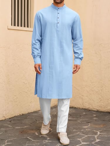 Image of Runcati Mens Kaftan Robe Button Down Long Sleeve Cotton Linen Thobe Casual Muslim Gown Henley Shirt