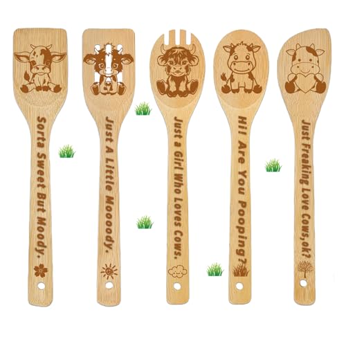CHACROC Cow Wooden Cooking Spoons 5Pcs, Highland Cow Gifts for Women Cow Kitchen Decor for Cow Lovers Bamboo Wooden Spoons for Cooking Cow Stuff Party Favors Housewarming Wedding, standard, Brown
