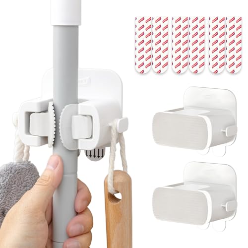 Image of TAILI Mop and Broom Holder Wall Mount Grippers, 3 Hangers and 8 Adhesive Strips, Damage Free Hanging Wall Mount, Household Cleaning Organizer for Organization and Storage, Holds up to 4 lbs, White