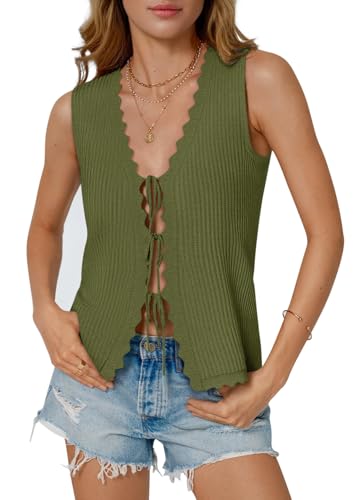 Image of COCCKO Womens Summer Tops Vacation Beach Outfits Cute Tie Front Crochet Vest Knit Sleeveless Sweaters