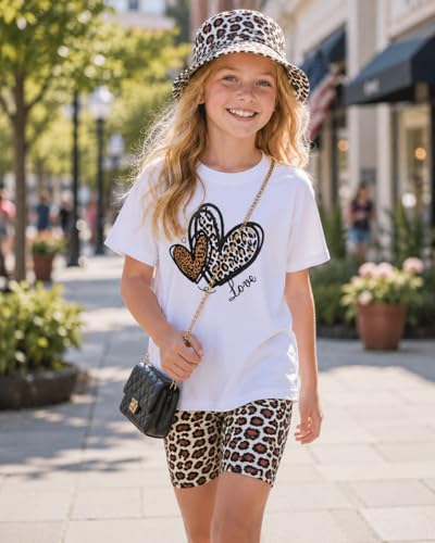 Image of 9-16Y Tween Girl Clothes 2 Piece Short Sleeve Heart Print Top and Shorts Teen Girl Summer Outfits Short Set