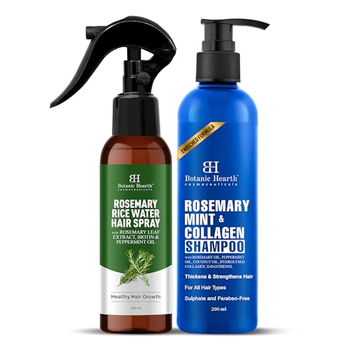 Image of Botanic Hearth Rosemary Hair Care Duo - Rosemary Mint Shampoo & Rice Water Hair Spray | Hair Growth, Hair Fall Control, Dandruff Relief, Breakage Repair & Frizz Control | Sulfate & Paraben-Free