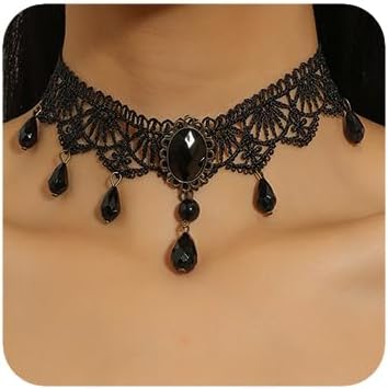 Gargantilla con colgante de cuentas negras de cristal bohemio, collar de lágrima hueco gótico vintage para mujer, Metal