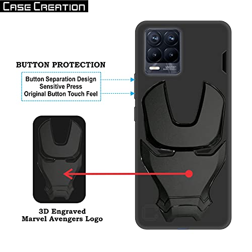 Image of COVERLY Official 3D Smooth Feel Avengers Logo Mask Soft Rugged Grip TPU Silicone Iron Man Engraved Cartoon Movie Engraved Silicone Rubber Matte Strong Back Cover for Realme 8 (6.40 inch) - Black