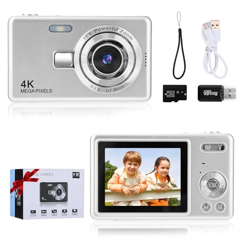 Cámara Digital, Camara Portatil HD 1080P Vlogging, Camara Fotografica con Tarjeta 32GB, Enfoque Automático, Disparo Continuo, Apto para Principiantes y Niños,Regalos de Cumpleaños Navidad(plata)