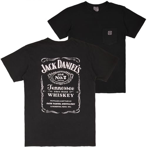 Jack Daniels Distressed Front & Back Print Embroidered No.7 Pocket T-Shirt (US Alpha X-Large Regular Regular Black)