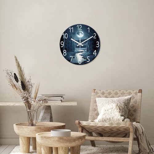 Image of XFM Silent Moon Wall Clock Battery Operated 14 Inch | Non-Ticking Dark Blue Modern Analog Decorative for Kitchen Bedroom Living Room Office