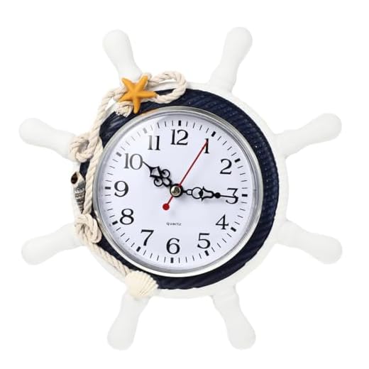 Healifty Wood Wheel Clock Mediterranean Style Pirate Decorative Clock Farmhouse Wooden Beach Ornament for Home Living Room Bedroom Office Random Color