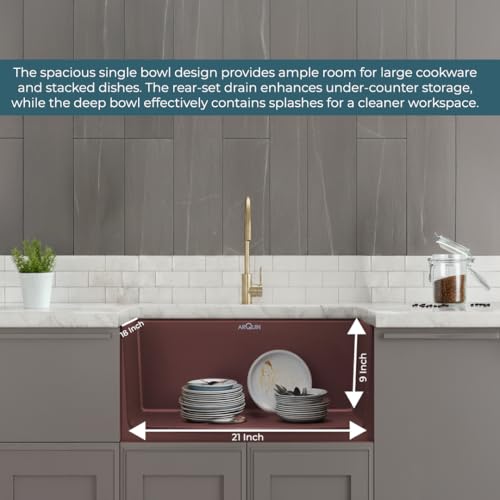 Image of ARQUIN Quartz Sink for kitchen 21x18x9 Inch Brown | Single Bowl Sink | Durable & Scratch-Resistant | Undermount /Topmount Including Coupling, Waste Pipe & Fruit Washing Basket