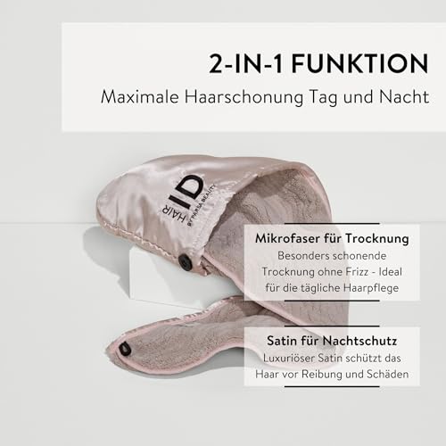 PARSA Beauty Hair ID 2-in-1 Haarturban Damen Mikrofaser & Satin – Anti-Frizz Haarhandtuch zum Haare Trocknen – schnelltrocknend & schonend für lange Haare – Turban Handtuch mit Knöpfen