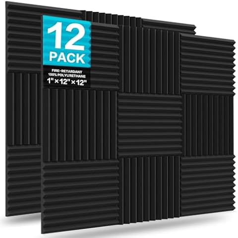 JBER 12 Pack Acoustic Foam Panels, 1" X 12" X 12" Sound Proof Foam Panels for Walls, High Desnsity Studio Soundproofing Wedges - Fire Resistant & Noise Absorbing for Studio, Office, Home (Black) Cover