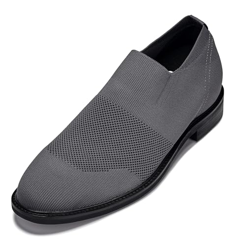 CALTO Men's Invisible Height Increasing Elevator Casual Shoes - Grey Ultra Light-Weight Slip-on Knitted Business Dressy Casual Shoes - 2.4 Inches Taller - X1542 - Size 9 D(M) US