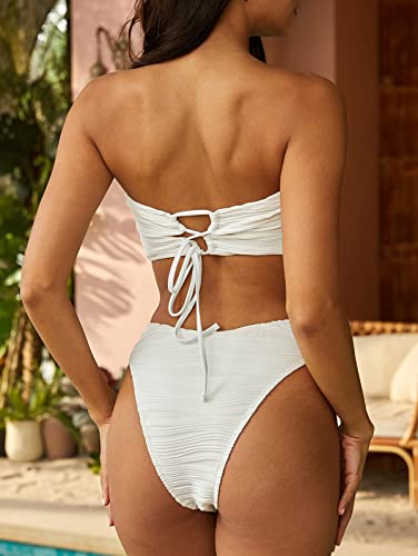 ZAFUL Women Strapless Textured Bandeau Bikini 2 Piece Swimwear Cheeky Solid Lace up Bathing Suits2