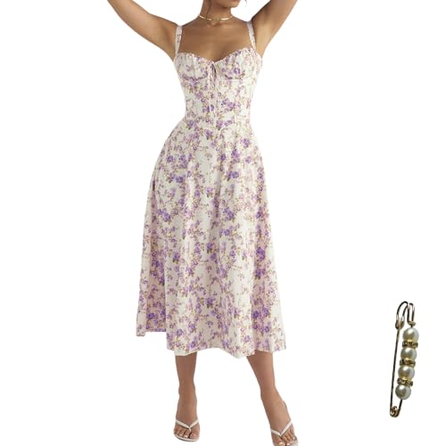 Image of Floral Corset Midi Dress Square Neck A Line Dress with Slit | Square neck floral midi dress with front tie bust wide straps A-line skirt side slit and lightweight fabric