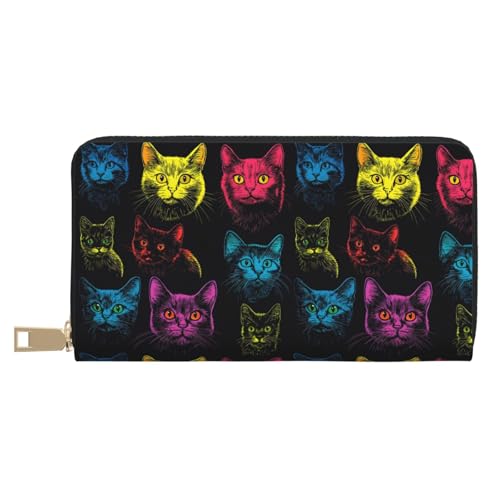 Wallet Women - Colorful Cute Cat Print Leather Wallet Large Capacity Bifold Long Ladies Wallets With Zipper
