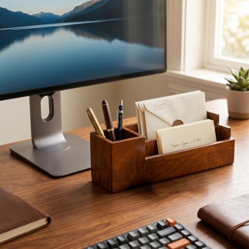Image of Wooden Desk Organiser with Pen Holder, Mobile & Tablet Stand, Card Holder - Multi-Compartment Office Desk Organizer for Study Table, Bedside Table & Living Room | Walnut Finish