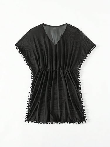 Milumia Girl's Pompom Trim Mesh Sheer Beach Coverups Swimsuit Cover Up2