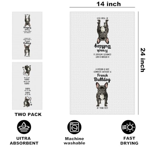Image of 2 Pcs French Bulldog Kitchen Towels 24x14 Inch, Funny Frenchie Reusable Dish Towels for Kitchen Bathroom Decor, Waffle Weave Hand Cloth Tea Towel, French Bulldog Gifts for Women Girls Friend