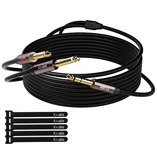 Kxable 1/4 inch TRS Stereo to Dual 1/4 inch Y-Splitter Insert Audio Cable 75 Feet, 6.35mm Male to 2X 6.35mm Male TS Mono Breakout Cord, 24K Gold Plated, Oxygen-Free Copper OFC Cable with 5 Cable Ties