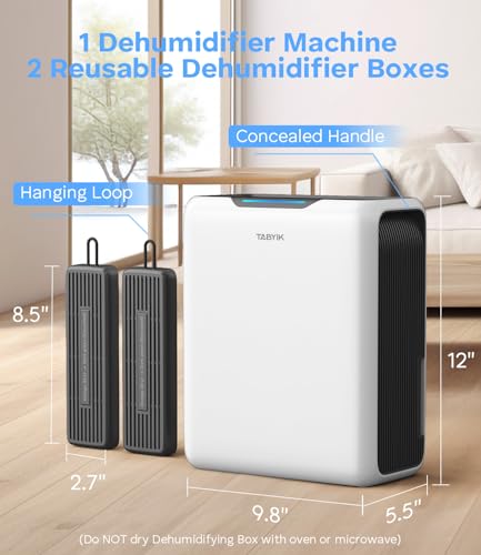 Image of TABYIK Dehumidifiers for Home, 101oz Dehumidifier & 2pack Reusable Dehumidifying Boxes - Auto Shut Off Auto Defrost Quiet Dehumidifiers for Bathroom Room Wardrobe Closet Trailer RV | Pump Drain Hose, Auto Humidity Control, Large Dehumidifier for Home, RV, Bathroom & Bedroom