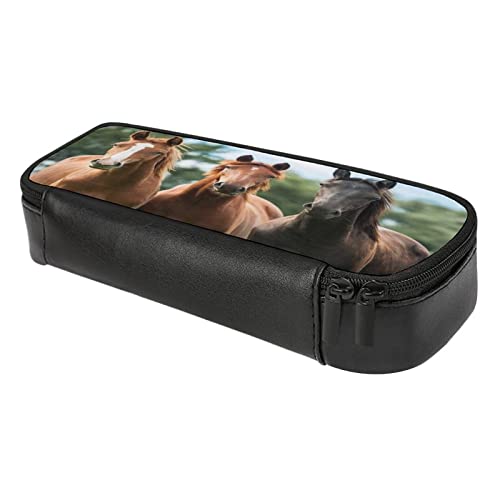 Kamuff Horse Pu Leather Quad Pen Case Zipper Pencil Pouch Holder For Pens Case Office Storage Box Organizer Pen Bag(8×1.5×3.5 In) #TOP5