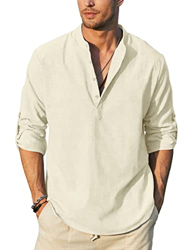 Jinidu Men's Long Sleeve Linen Henley Shirts Casual Cotton Beach Hippie T Shirt Beige #TOP21