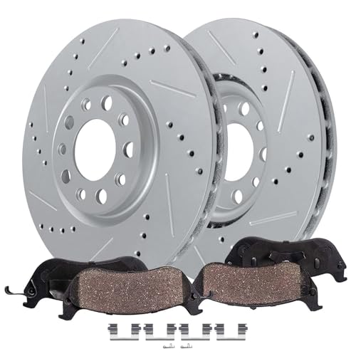 Image of Detroit Axle - Front Brake Kit for Jeep 2014-2022 Cherokee | 2015-2017 Chrysler 200, 12.99 inch inch Drilled and Slotted Disc Brake Rotors Ceramic Brake Pads with Hardware Replacement