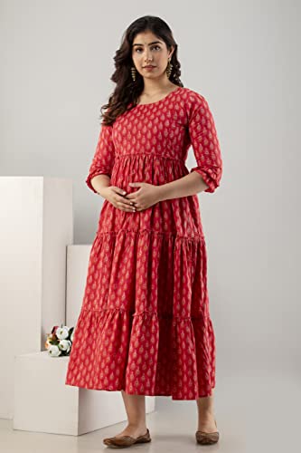 Image of Women's Cotton Anarkali Comfortable Maternity Feeding Kurta Dress with Zippers