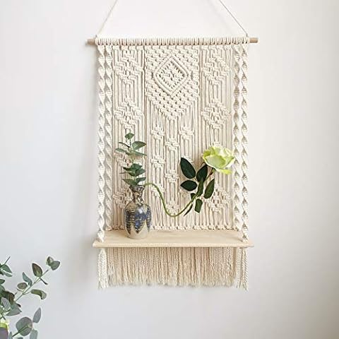 BLUETTEK Macrame Wall Hanging Shelf, Boho Decorative Floating Plants Swing Hanging Shelf Wooden Storage Hanger, Handmade Cotton Rope Woven Home Wall Decor Cover