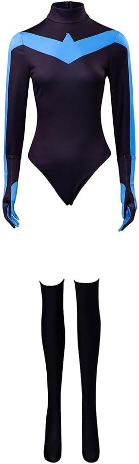 Saniplaycos Black & Blue Superhero Cosplay Costume Bodysuit Jumpsuit Halloween Costume for Women