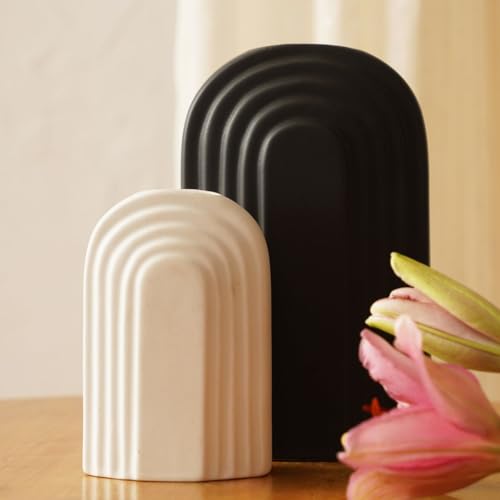Image of Purezento Indigo Gated Ceramic Flower Vase /Home Decor Centrepiece /Showpiece /Modern Farmhouse Vase for Living Room, Bedroom Office, Table (Black /White Pack of 2) (Black & White)